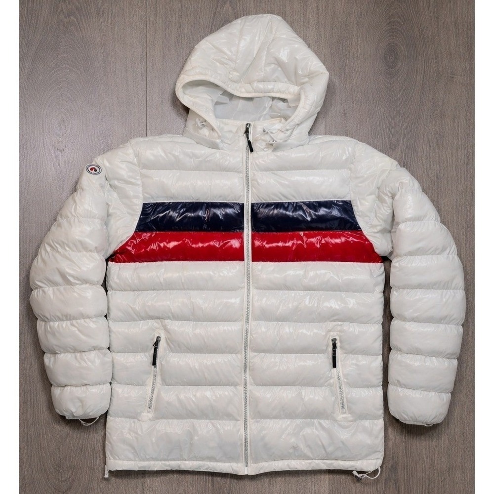 Argonaut Arctic Expedition Puffer Jacket Mens L White Hooded Stripe Gloss Winter